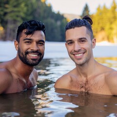Couple smiling together in natural water.