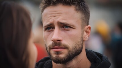 Fototapeta premium A man with a serious concerned expression gazes intently caught in a moment of deep thought outdoors