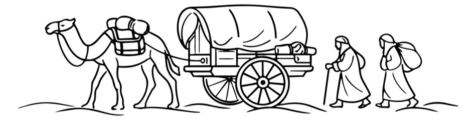 Fototapeta premium Hand drawn line art illustration of a camel caravan depicting travelers on a historical journey for an adventure or expedition