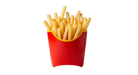 Crispy golden french fries served upright in a classic red carton against a dark background isolated on transparent background