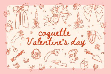 Whimsical Valentines day fun doodle elements collection. Red and pink coquette core cute romantic vintage illustration. Valentine core. Cute girly elements set. Whimsy retro valentine icons