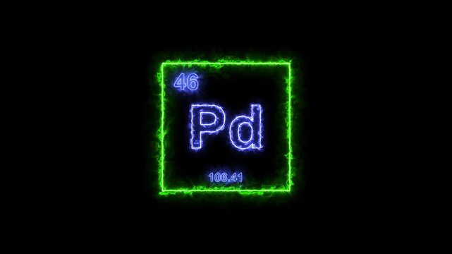 Palladium - periodic table element symbol hologram, chemical element Periodic Table, atomic weight element number ,glowing on black background in 4K.