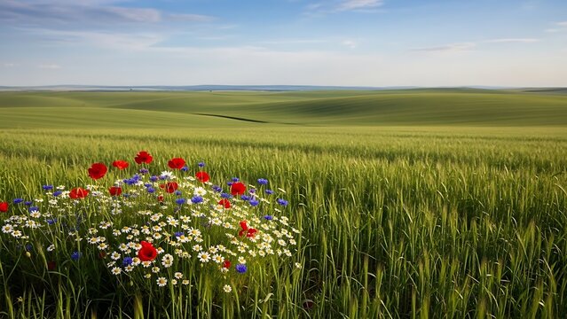 Vibrant wildflowers in a lush green field - Powered by Adobe
