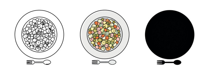 Top view of a traditional potato salad (Olivier) bowl shown in outline, color, and black silhouette versions with a fork and spoon.