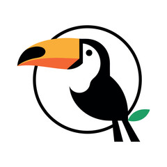 Modern minimalist toucan logo design within a circular frame, featuring clean lines and vibrant orange and green accents.