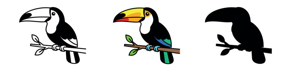 Detailed toucan bird sitting on a branch shown in three styles: black and white outline, full color, and solid black silhouette.