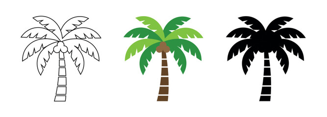 Set of three tropical palm tree icons with coconuts featuring outline, flat color, and black silhouette styles on a white background.