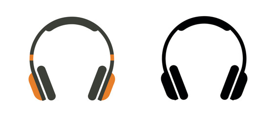 Trio of over-ear headphone icons in orange and grey color schemes and a solid black silhouette, perfect for audio branding or app icons.