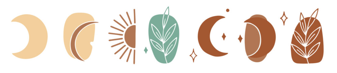 Collection of bohemian abstract shapes and botanical elements featuring moons, sunbursts, and leaves in terracotta, sage, and beige tones.