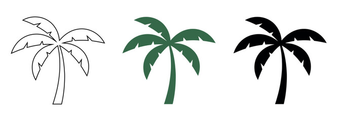 Trio of curved palm tree icons without coconuts in outline, dark green, and black silhouette formats, isolated on white.