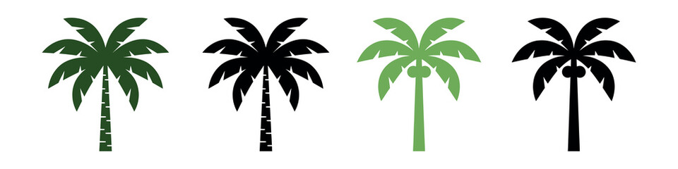 Four variations of a tall, straight palm tree icon including green shades and black silhouettes, perfect for tropical branding or UI design.
