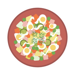 Overhead flat lay illustration of a vibrant Olivier salad in a red bowl, garnished with sliced boiled eggs, cucumbers, peas, and dill.
