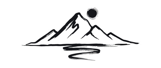 Minimalist black ink brush sketch of a mountain range with a sun and a winding path or river, reflecting a peaceful zen aesthetic.