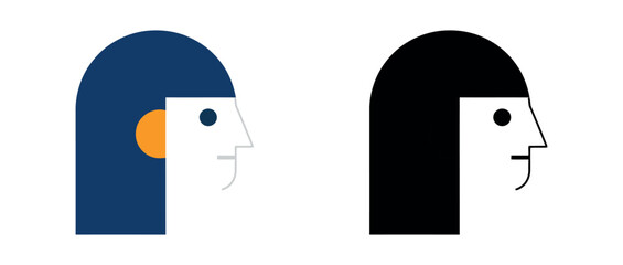 Minimalist profile illustration of a human head using geometric shapes, shown in both professional blue and solid black versions.