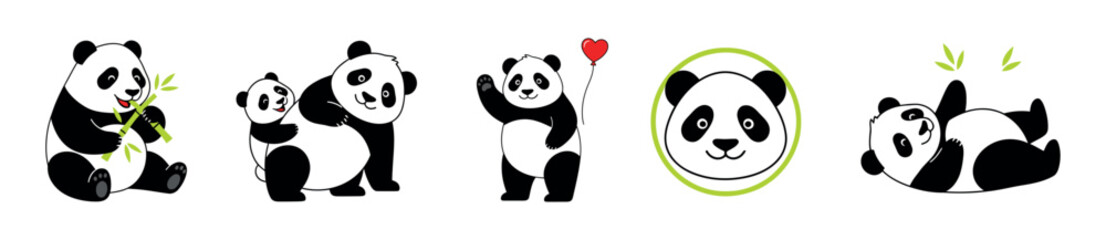 A collection of five cute panda illustrations in various poses, including eating bamboo, hugging a cub, and holding a red heart balloon.
