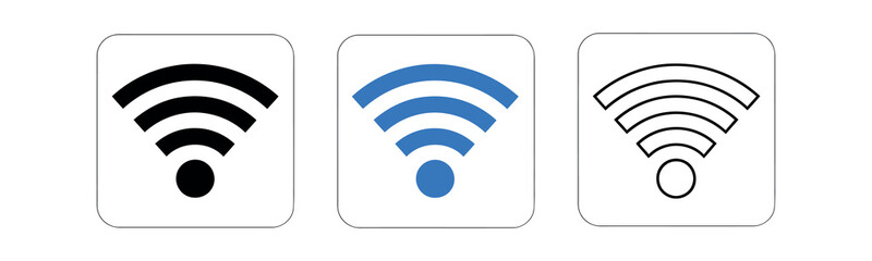 Wi-Fi signal icons enclosed in rounded squares, featuring solid black, blue, and outlined variations.