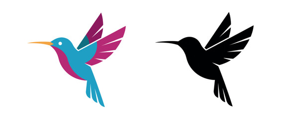 Modern geometric hummingbird illustration in vibrant cyan and magenta, accompanied by a clean black silhouette.