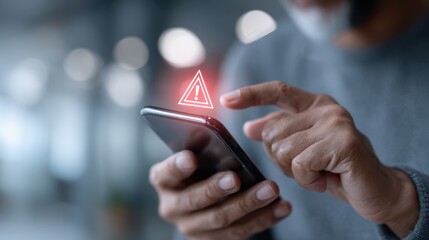Elderly caucasian male engaging with smartphone displaying security alert icon