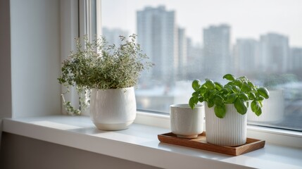 Potted plants on sunny urban windowsill with cityscape view