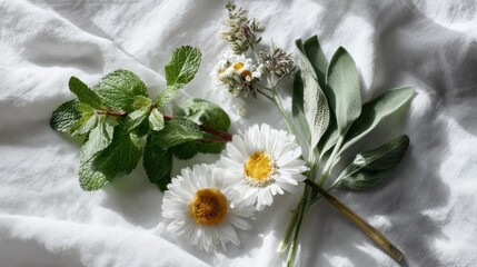 Fresh herbal arrangement with sage, fresh mint, and daisies on white fabric background