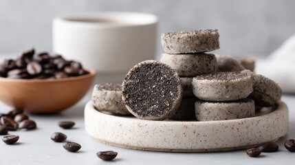 Exfoliating coffee scrub soap bars on ceramic plate with coffee beans