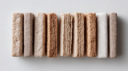 Assorted rows of sliced bread with varied textures and shades on light background