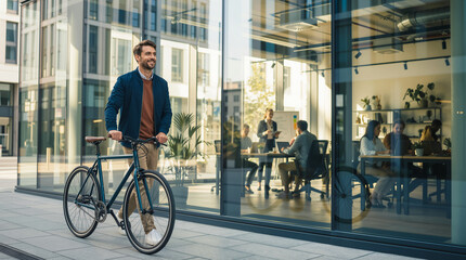 Happy Caucasian Man Walking Bicycle Near Modern Office Building Facade, Sustainable Urban Business Commute