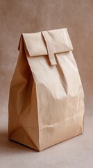 Brown paper bag standing against neutral background