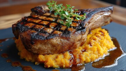 Grilled pork chop on butternut squash mash with fresh herbs and sauce