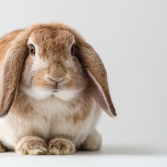 Fluffy brown lop-eared rabbit sitting on white surface. Adopt a Rescued Rabbit Month