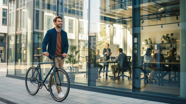 Happy Caucasian Man Walking Bicycle Near Modern Office Building Facade, Sustainable Urban Business Commute - Powered by Adobe