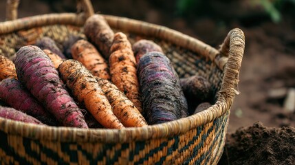 Freshly harvested multicolored carrots in woven basket on soil background. Labor Thanksgiving Day, Labor Thanksgiving Day, Thanksgiving