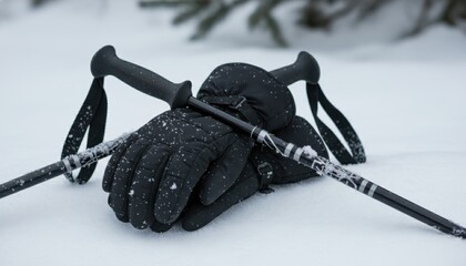 Black ski poles and gloves in snowy winter scene with pine trees