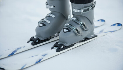 Ski boots on snowy slopes with ski bindings in winter sports scene
