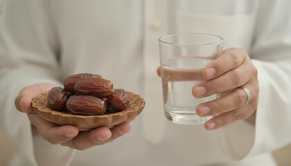 Adult male holding dates and glass of water in traditional attire