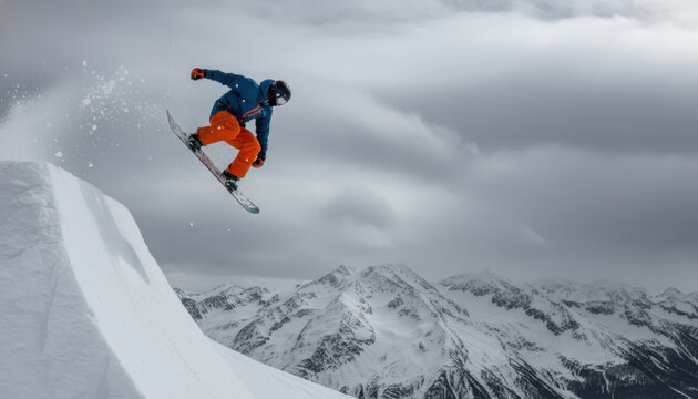 Male snowboarder performing jump on snowy mountain with cloudy sky and rocky peaks in background - Powered by Adobe