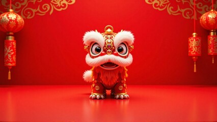3d cute miniature chinese lion dance cartoon character, isolated on red studio background - Chinese New Year celebration, Lunar, spring festival, mascot symbol, luck, prosperity concept