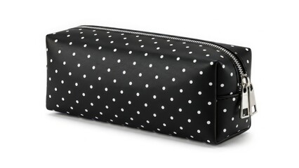 Black polka dot cosmetic bag with white dot pattern isolated on white
