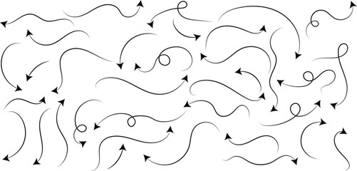 Arrow vector line icon set. Hand drawn brush sketch arrow line curve up, down shape chalk texture element set. Abstract grunge scribble chalk crayon style. Vector illustration