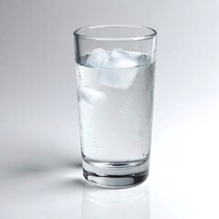 Glass of water with ice cubes on reflective surface and light gray background