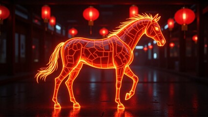 A glowing rearing horse shio symbol, hanging chinese lanterns, dark night - Chinese New Year 2026 greeting, Year of the horse, Lunar celebration, chinese zodiac sign concept