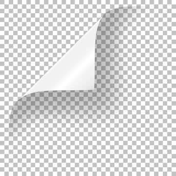 Blank page with curled edge corner and shadow, rolled up stickers, peel banners, bent sheet, page curl with shadow on blank sheet, curled page corner isolated on transparent and white background