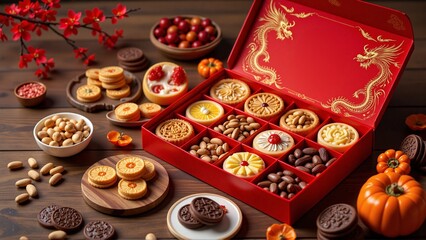 Chinese gift box with golden dragon patterns with assorted traditional pastries, nuts, moon cake - Chinese New Year, Lunar celebration, spring festival, Asian food, dessert, sweets, luck, prosperity 
