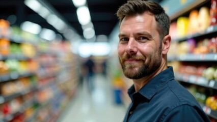 Young European man against a supermarket interior with shelves. Material for retail advertising and marketing to broad audiences