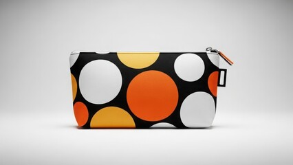 Polka dot cosmetic bag with orange and black circle pattern isolated