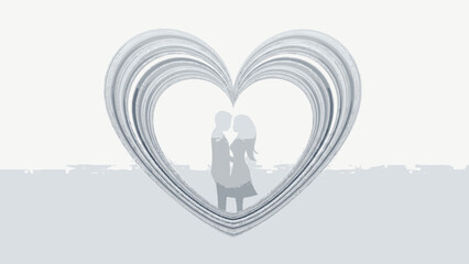 Couple embracing within a stylized heart shape on a gray background.