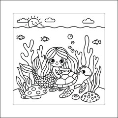 mermaid coloring page line art vector	