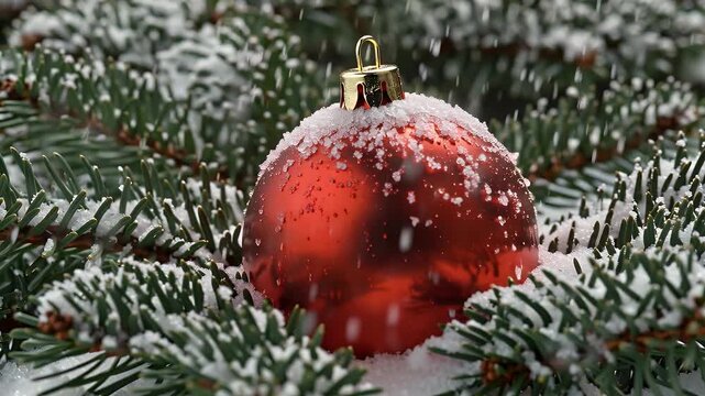 Shiny Red Christmas Ornament Resting Amid Snow-Covered Pine Branches and Needles