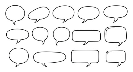 Fototapeta premium Collection of hand drawn speech bubbles and comic thought clouds are displayed in a clean grid for graphic design projects.