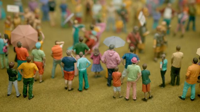 Many colorful miniature figures of different people from one community gathered for a rally in one place. Closeup. Shot in motion